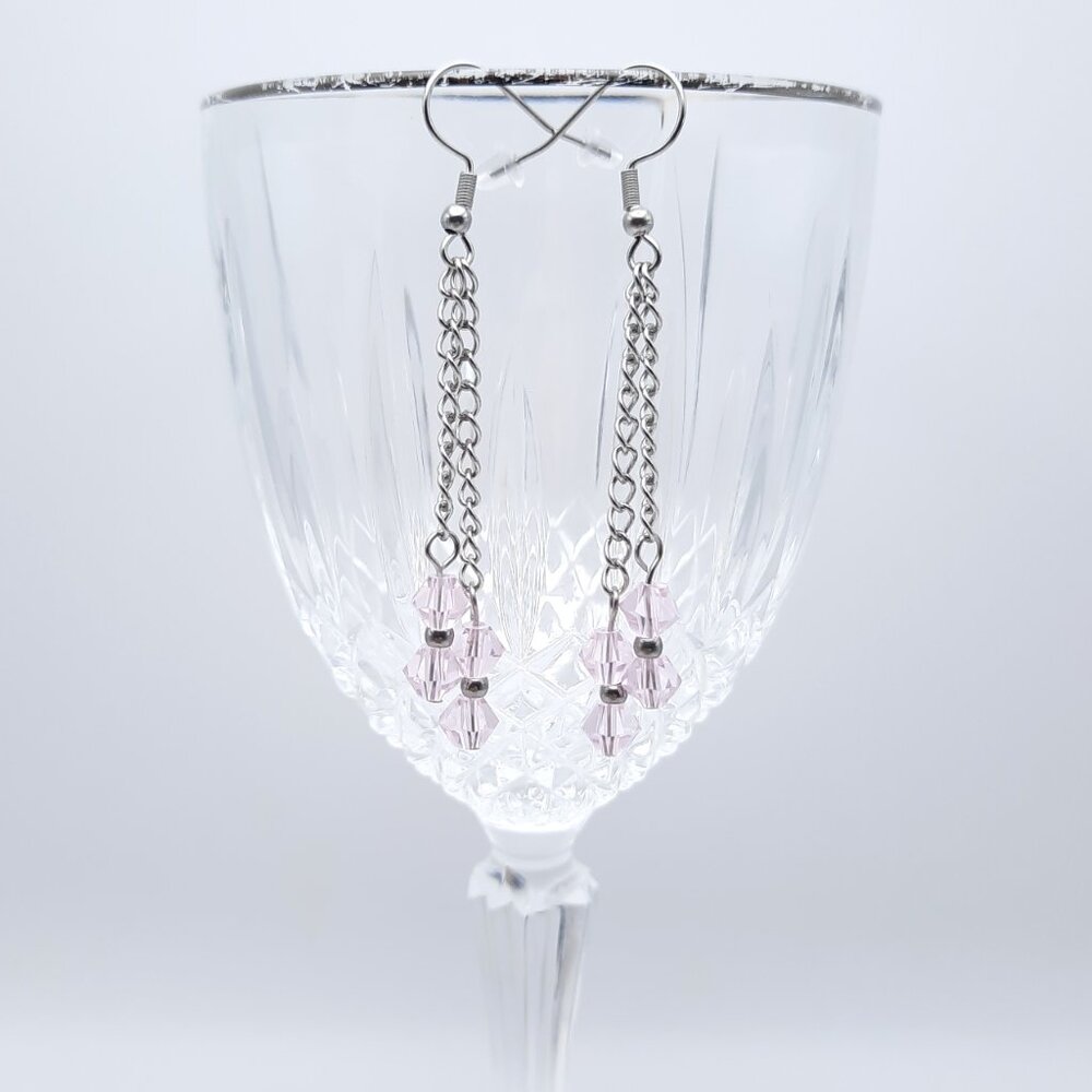 Pink Bicone Dangle Drop Cute Feminine Beaded Chain Earrings Handmade Jewelry